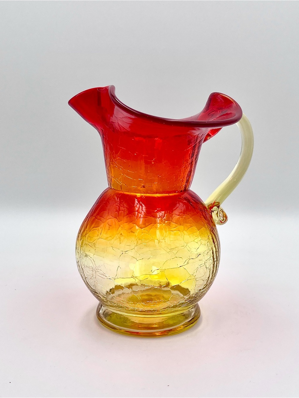 Vintage MCM Amberina Crackle Glass Mini Pitcher Ruffled Rim - Red and Yellow
